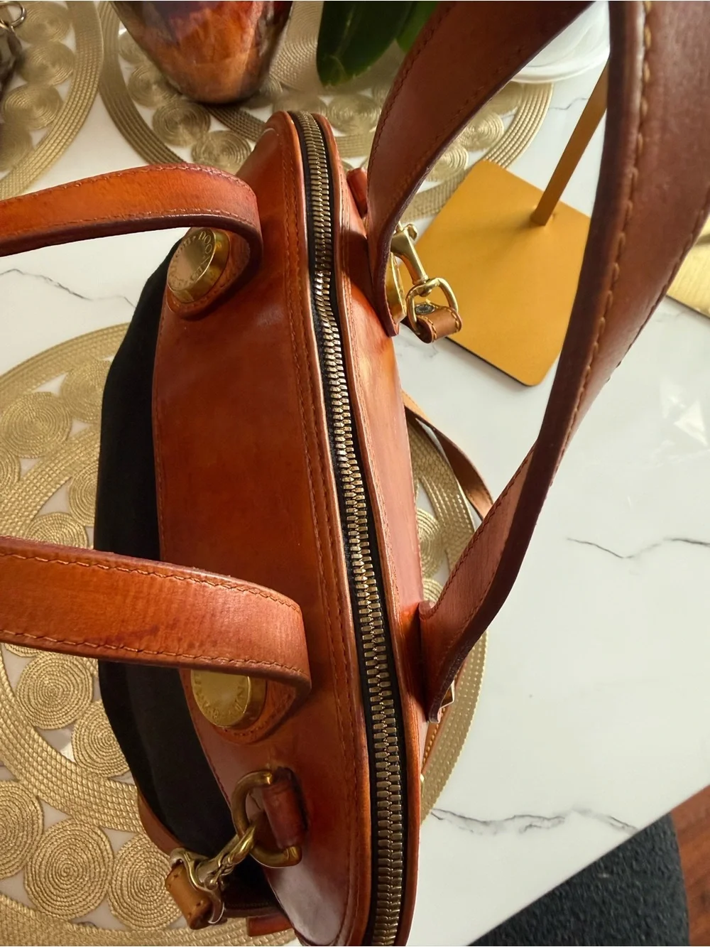 Dooney & Bourke Black Canvas Satchel with Brown Leather Trim